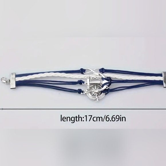Nautical bracelet beautiful navy & white adorned with silver Anchor,♾️,Compass. - Picture 3 of 4